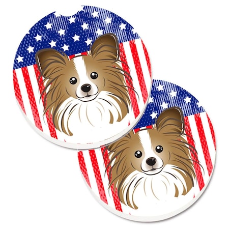 Carolines Treasures American Flag and Papillon Set of 2 Cup Holder Car Coaster BB2178CARC